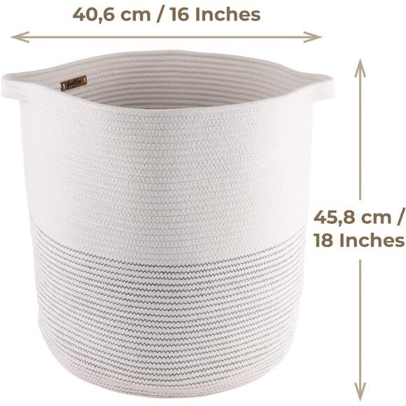 Cotton Rope Woven Storage Basket - 18” x 16” Tall Decorative Cotton Rope Basket - Picture 4 of 7